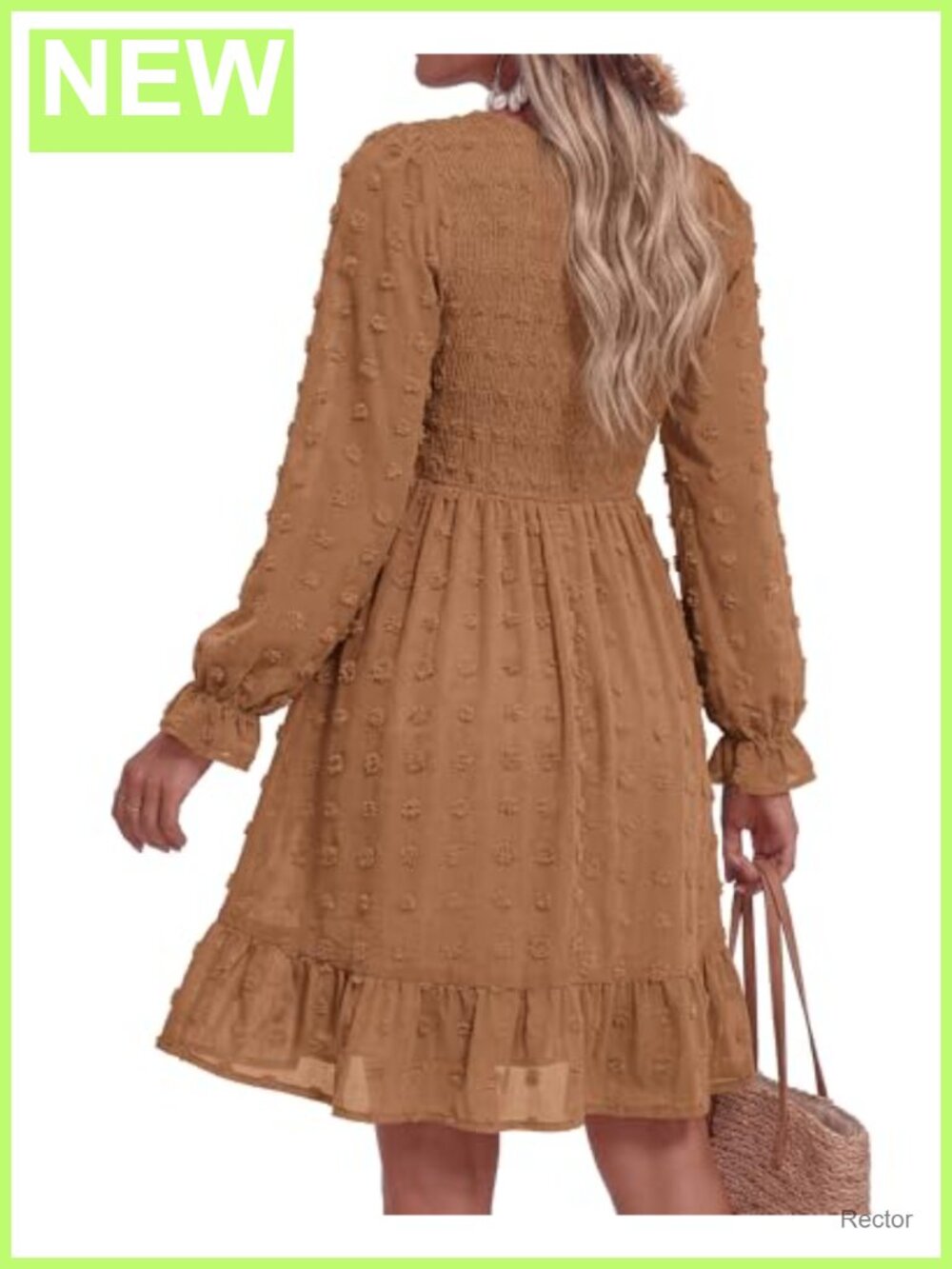 Women's Swiss Dot Chiffon Flowy Long Sleeve Dress with Ruffle Cuffs - Picture 3 of 6